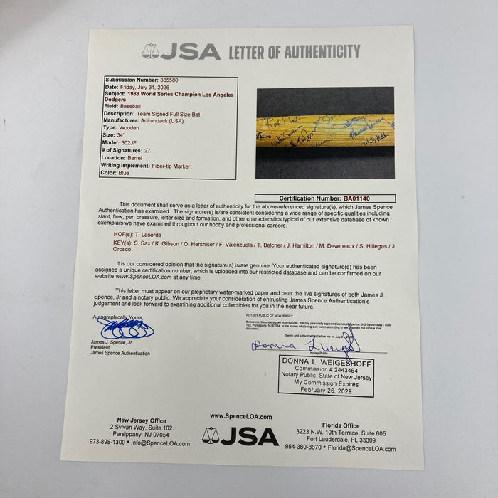 1988 Los Angeles Dodgers World Series Champs Team Signed Baseball Bat JSA COA