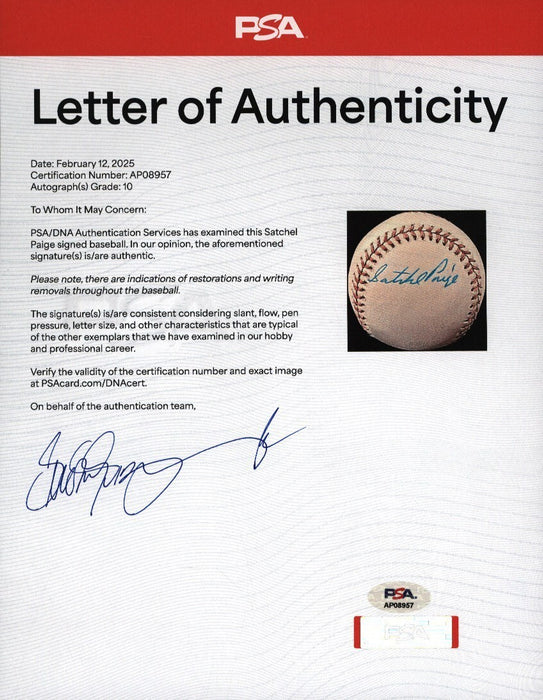 Satchel Paige Signed National League Baseball PSA DNA 10 GEM MINT & JSA COA