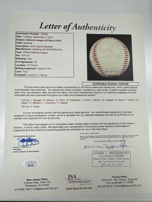 1970 All Star Game Team Signed Baseball Roberto Clemente Willie Mays JSA COA