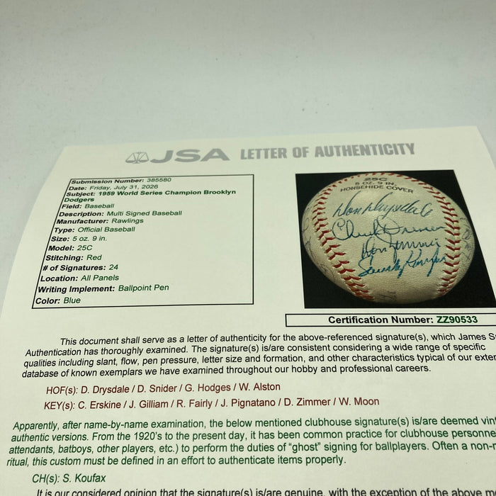 1959 Los Angeles Dodgers World Series Champs Team Signed Baseball JSA COA