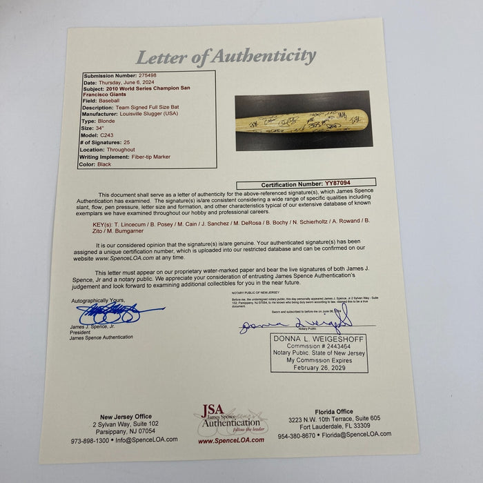 2010 San Francisco Giants World Series Champs Team Signed Baseball Bat JSA COA