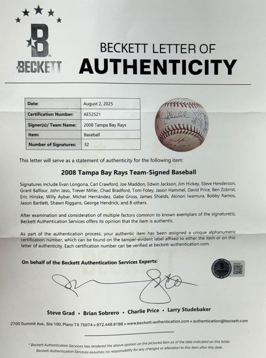 2008 Tampa Bay Rays AL Champs Team Signed World Series Baseball Beckett COA