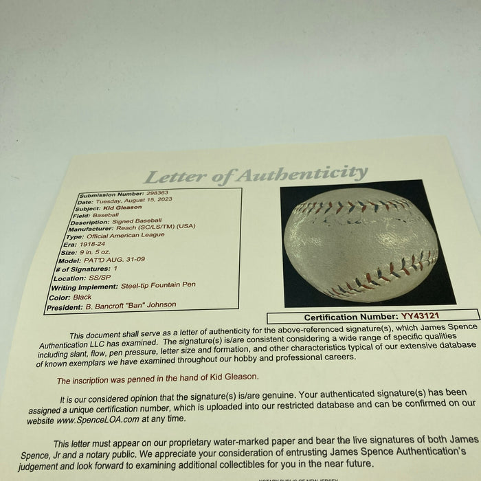 Kid Gleason Single Signed 1919 American League Baseball Black Sox JSA COA