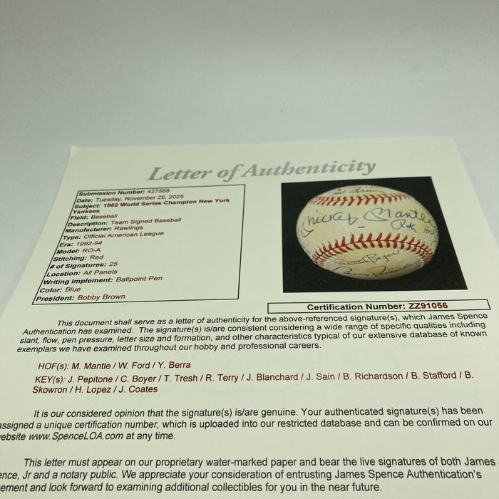 1962 New York Yankees W.S. Champs Team Signed Baseball Mickey Mantle JSA COA