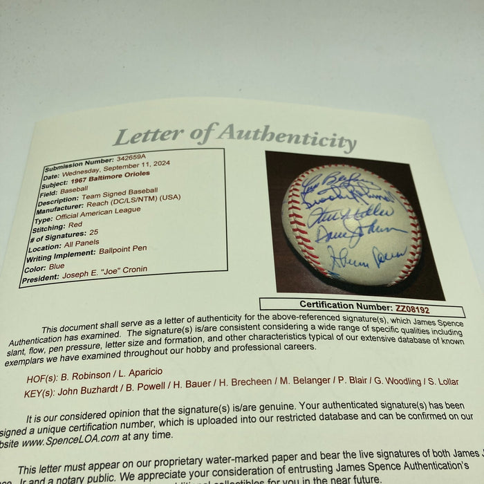 Beautiful 1966-67 Baltimore Orioles Team Signed Baseball JSA COA