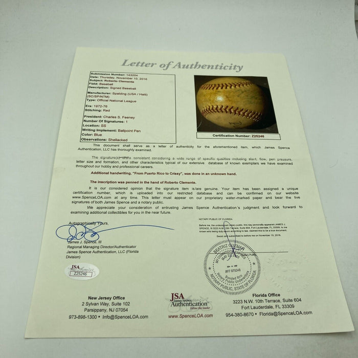 Roberto Clemente Single Signed 1972 National League Feeney Baseball JSA COA