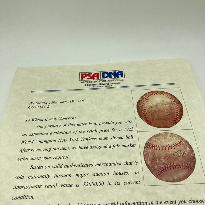 1923 NY Yankees World Series Champs Team Signed Baseball Babe Ruth JSA & PSA