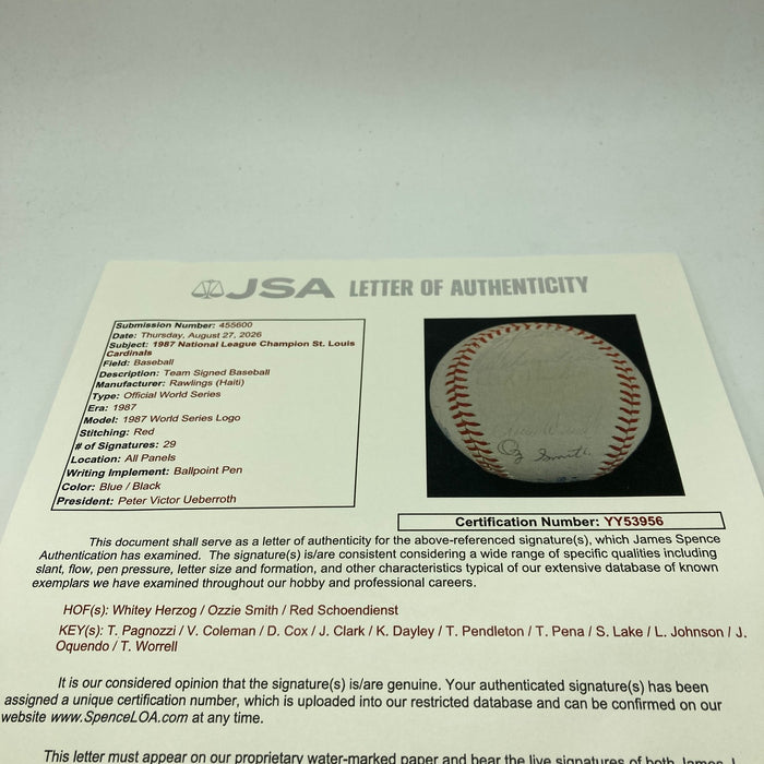 1987 St. Louis Cardinals NL Champs Team Signed World Series Baseball JSA COA