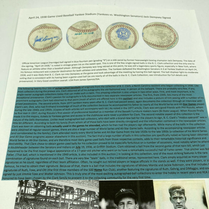 Incredible Jack Dempsey Signed 1937 NY Yankee Stadium Game Used Baseball JSA COA