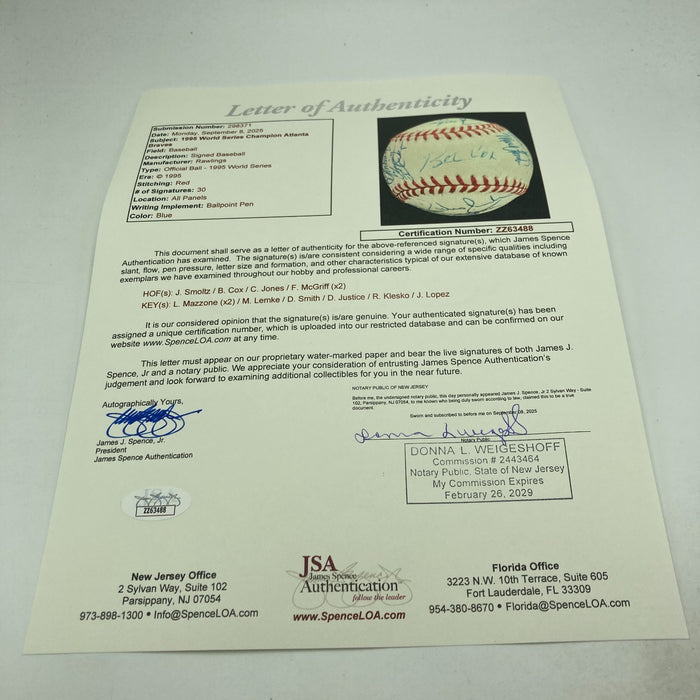 1995 Atlanta Braves World Series Champs Team Signed W.S. Baseball 30 Sig JSA COA