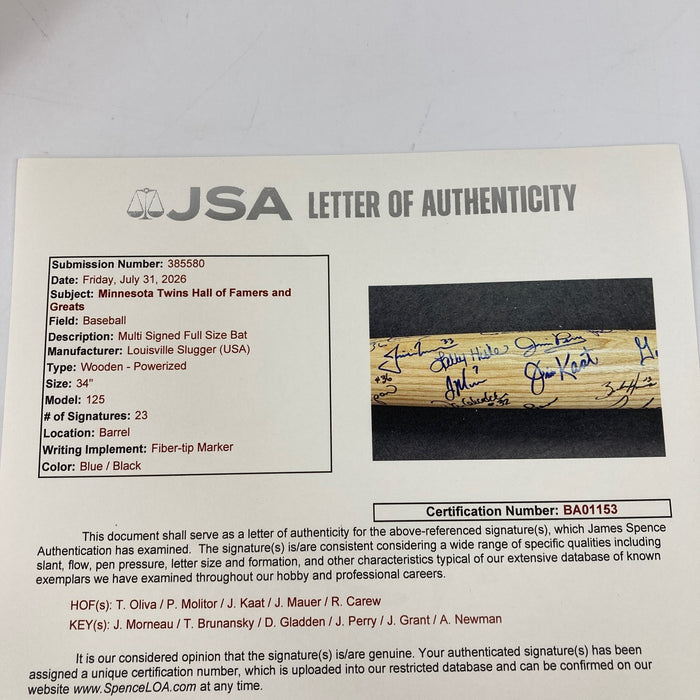 Minnesota Twins Legends Signed Bat 23 Sigs Paul Molitor Joe Mauer  Rod Carew JSA