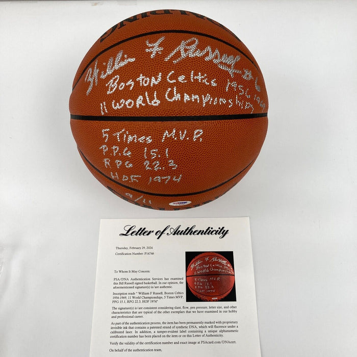 Bill Russell Full Name Signed Heavily Inscribed STAT Basketball #9/11 PSA DNA
