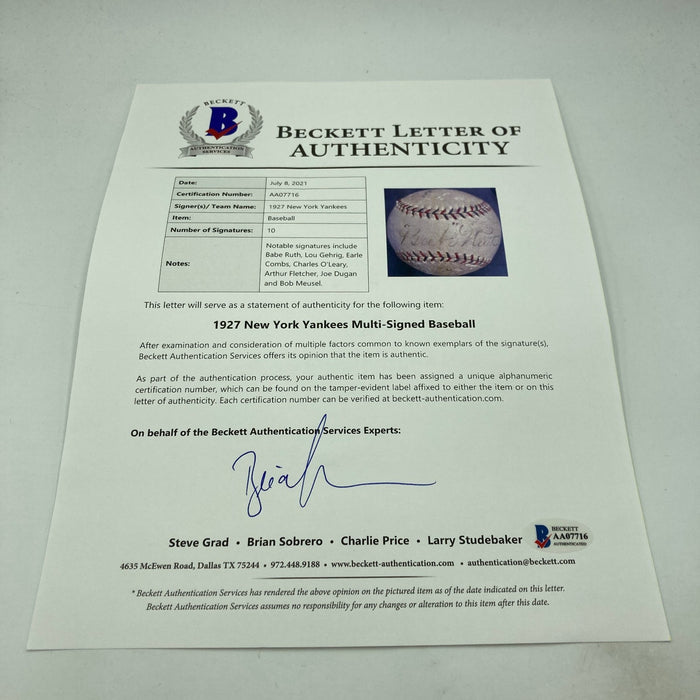 1927 NY Yankees WS Champs Team Signed Baseball Babe Ruth Lou Gehrig Beckett COA