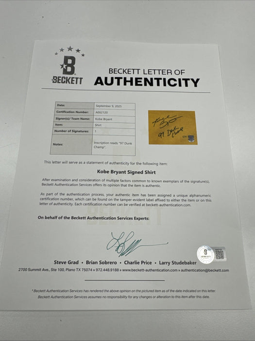 Kobe Bryant "1997 Dunk Champ" Signed Los Angeles Lakers Jersey Panini & Beckett