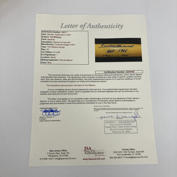 Ted Williams "HOF 1966 1941 .406" Signed Inscribed Baseball Bat MINT JSA