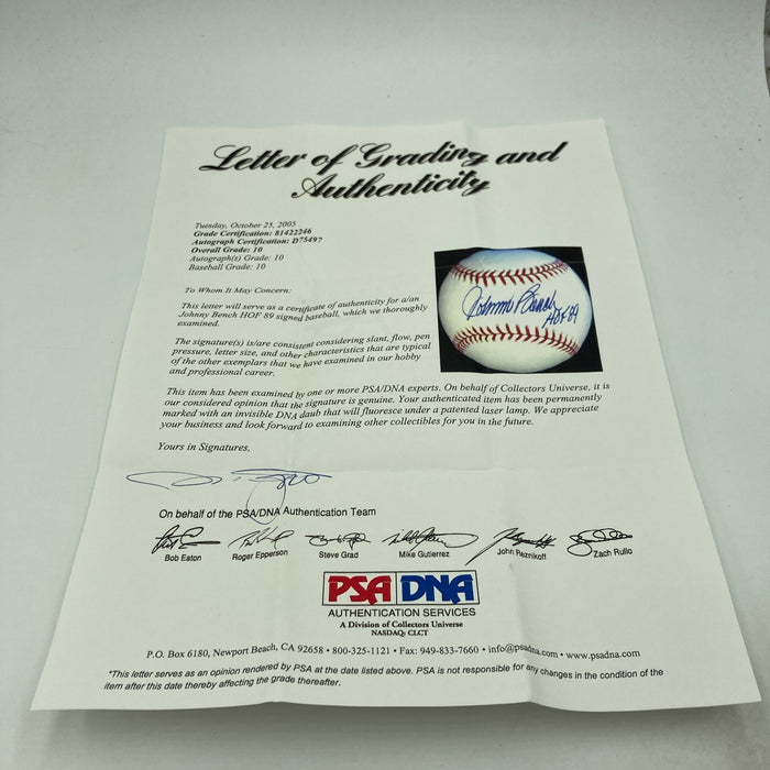 Johnny Bench HOF 1989 Signed Major League Baseball PSA DNA Graded 10 GEM MINT
