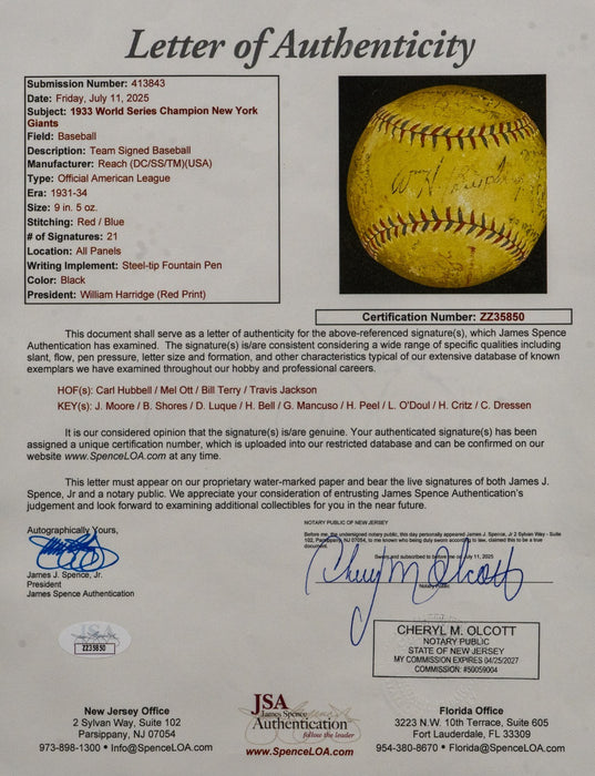 1933 New York Giants World Series Champs Team Signed Baseball Mel Ott JSA COA