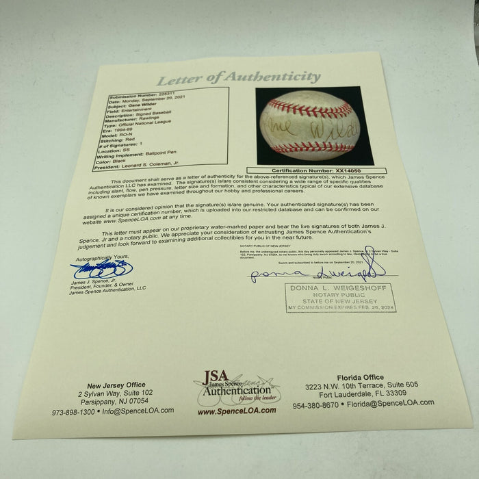 Gene Wilder Signed Autographed Official Major League Baseball With JSA COA