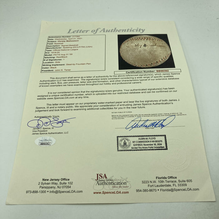 Christy Mathewson Single Signed 1918 National League Baseball PSA DNA & JSA COA