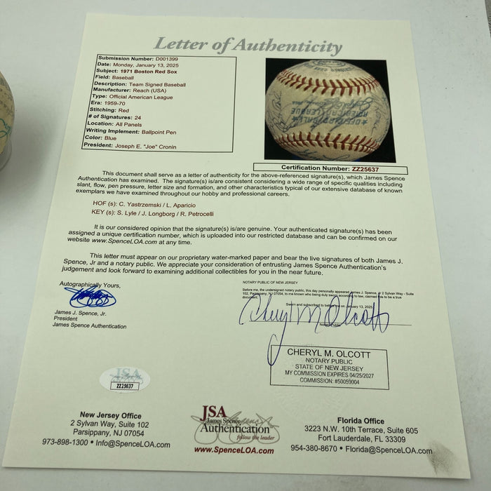1971 Boston Red Sox Team Signed AL Baseball Carl Yastrzemski JSA COA
