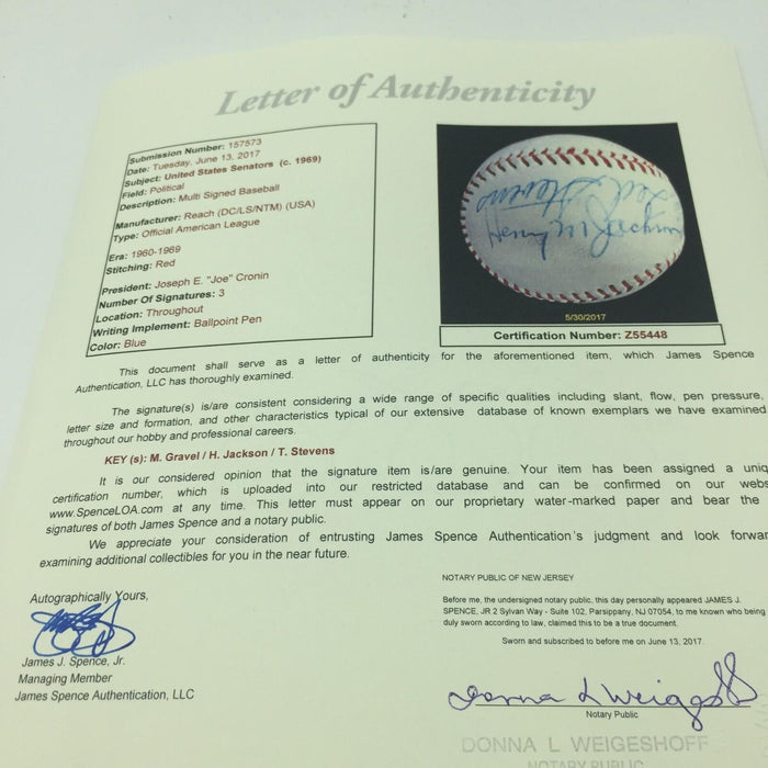 Senator Henry Scoop Jackson Ted Stevens Mike Gravel Signed Baseball JSA COA
