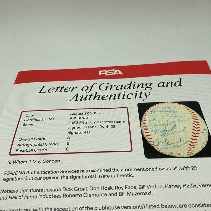 Roberto Clemente 1962 Pittsburgh Pirates Team Signed Baseball PSA DNA 8 N Mint