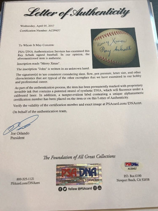 The Finest Ray Schalk Single Signed American League Baseball PSA DNA COA