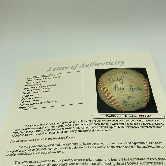 Joe Dugan "Jumping Joe" Signed Major League Baseball 1927 New York Yankees JSA