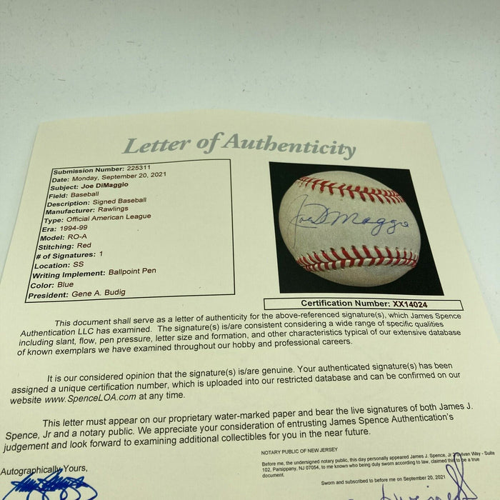 Beautiful Joe Dimaggio Signed Autographed American League Baseball With JSA COA