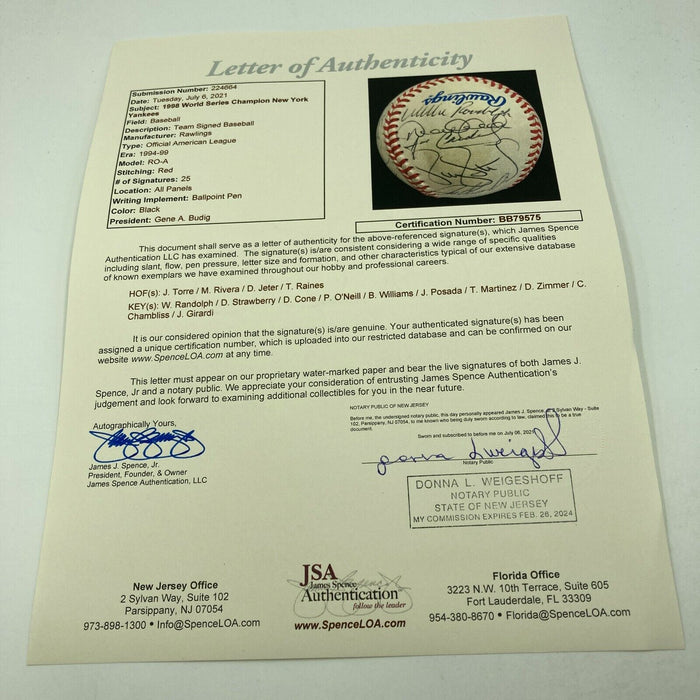 1998 New York Yankees World Series Champs Team Signed Baseball Derek Jeter JSA