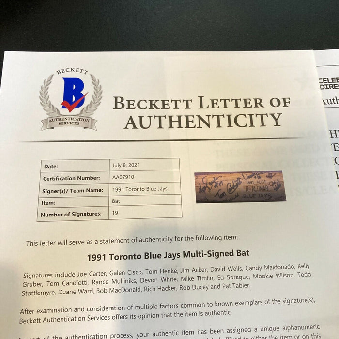 1991 Toronto Blue Jays Team Signed Roberto Alomar Playoffs Game Used Bat Beckett