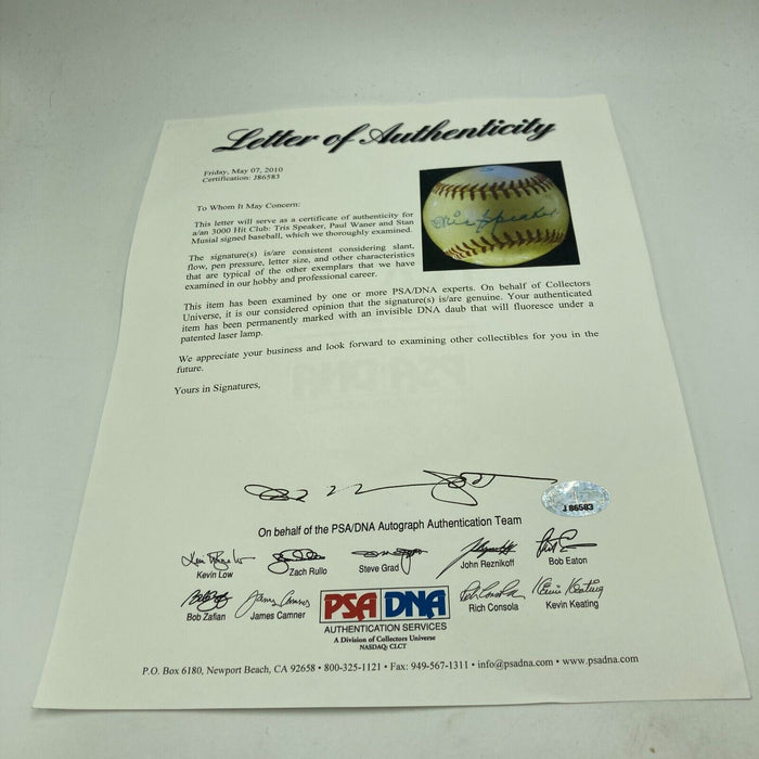 Tris Speaker Paul Waner & Stan Musial Legendary Hitters Signed Baseball PSA DNA