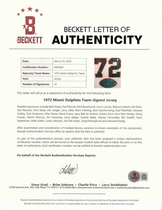 1972 Miami Dolphins Super Bowl Champs Perfect Season Team Signed Jersey Beckett