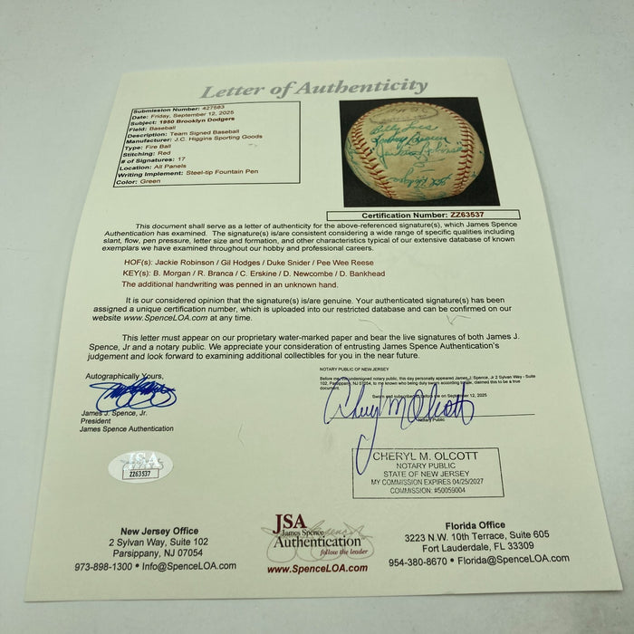 Jackie Robinson 1950 Brooklyn Dodgers Team Signed Baseball JSA COA