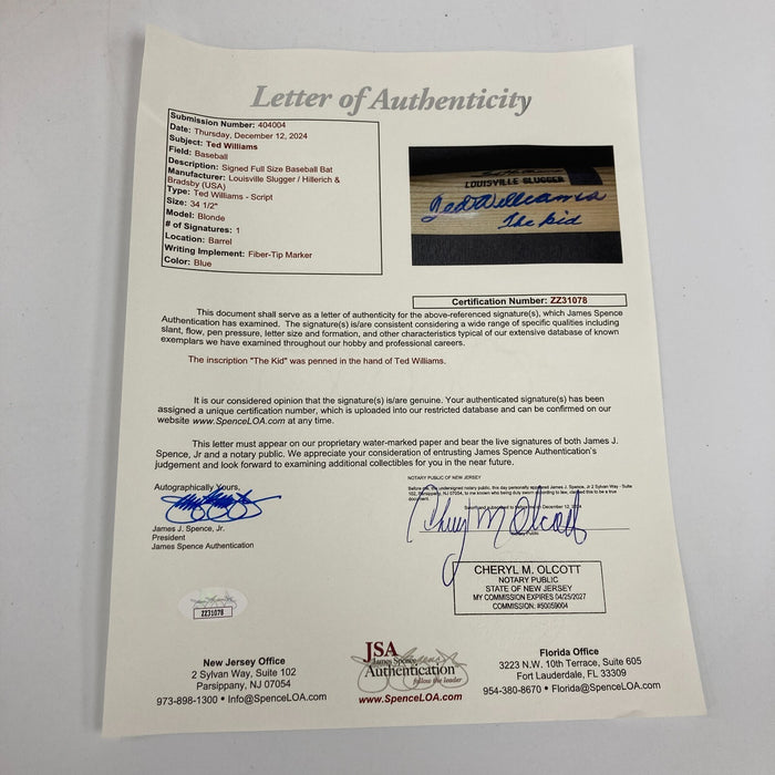 MINT Ted Williams "The Kid" Signed Inscribed Game Model Baseball Bat JSA COA