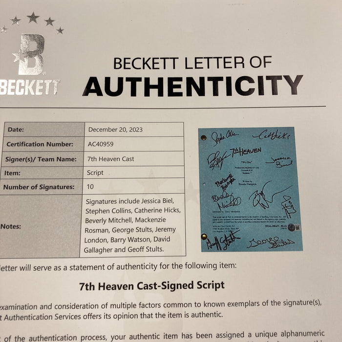 7th Heaven Cast Signed Script 10 Sigs Jessica Biel David Gallagher Beckett COA