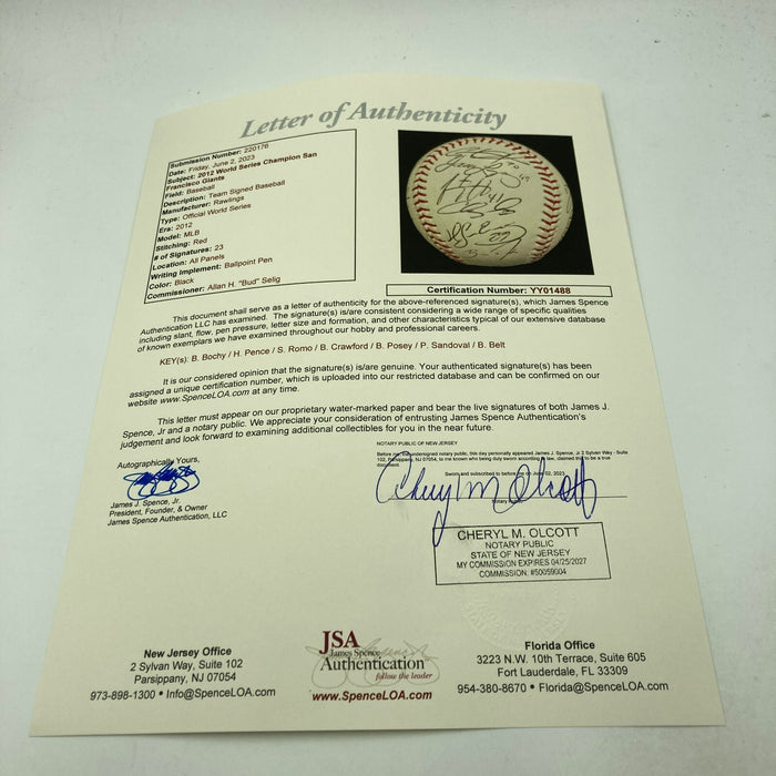 2012 San Francisco Giants World Series Champs Team Signed W.S. Baseball JSA COA