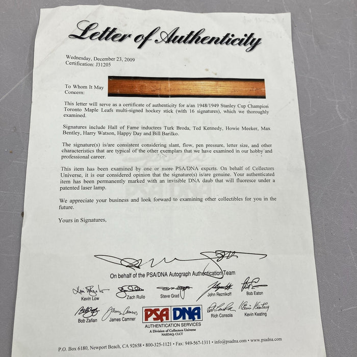 1948-49 Toronto Maple Leafs Stanley Cup NHL Champs Team Signed Hockey Stick PSA