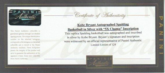 Kobe Bryant "5 Time NBA Champ" Signed Inscribed NBA Game Basketball Panini COA