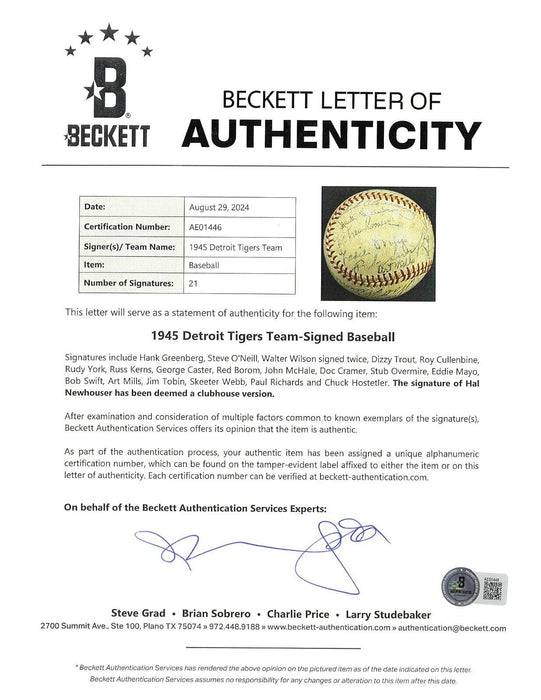 1945 Detroit Tigers World Series Champs Team Signed Baseball Beckett COA