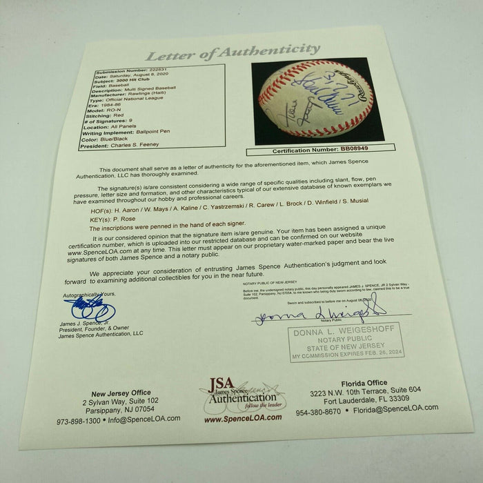 Beautiful 3,000 Hit Club Signed Baseball With Hit Totals Hank Aaron JSA COA