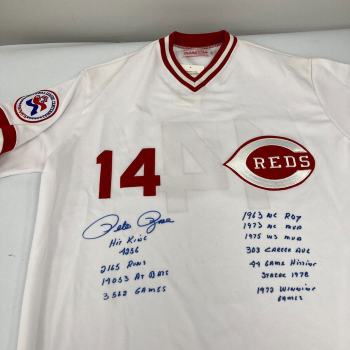 Pete Rose Signed Heavily Inscribed STATS Cincinnati Reds Jersey PSA DNA COA