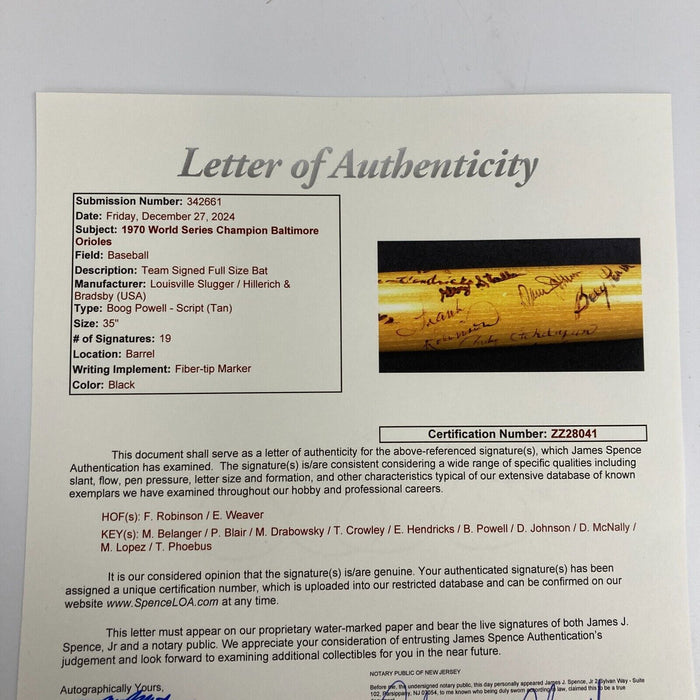 1970 Baltimore Orioles World Series Champs Team Signed Baseball Bat PSA DNA JSA