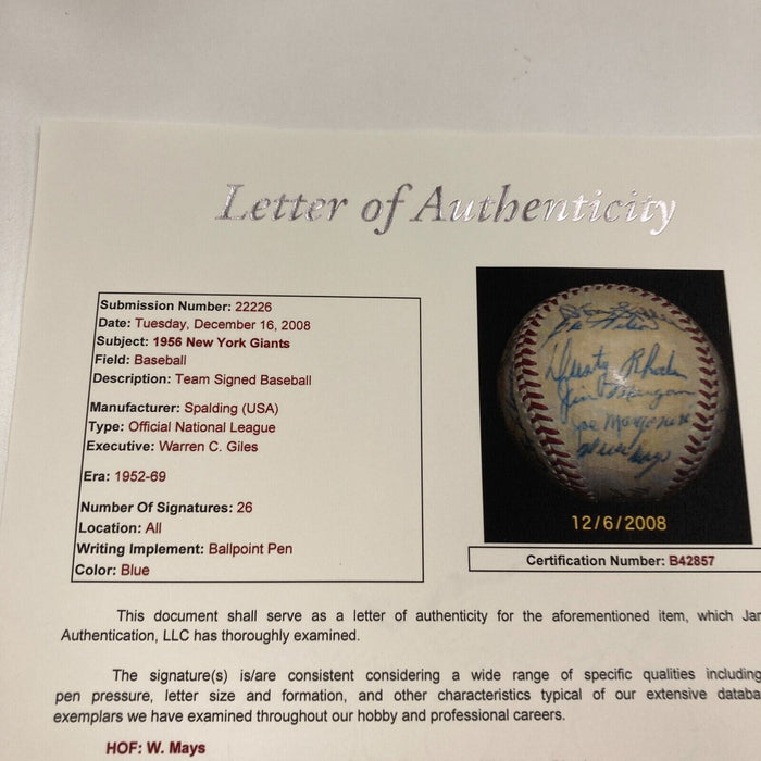 Willie Mays 1956 New York Giants Team Signed National League Baseball JSA COA