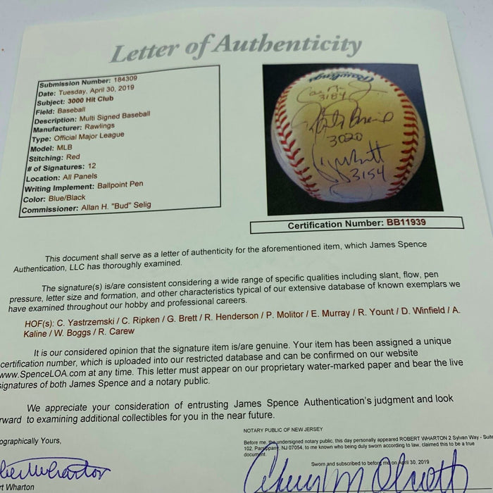 Stunning 3,000 Hit Club Signed Baseball With Hit Total Inscriptions JSA COA