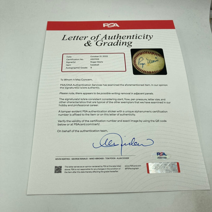 Roger Maris Single Signed American League Baseball PSA DNA Graded 9 MINT!