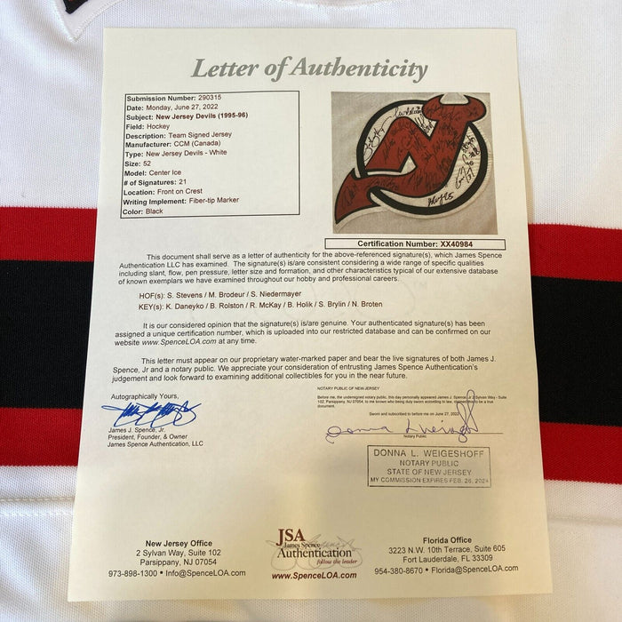 1995-96 New Jersey Devils Team Signed Authentic CCM Jersey Martin Brodeur JSA