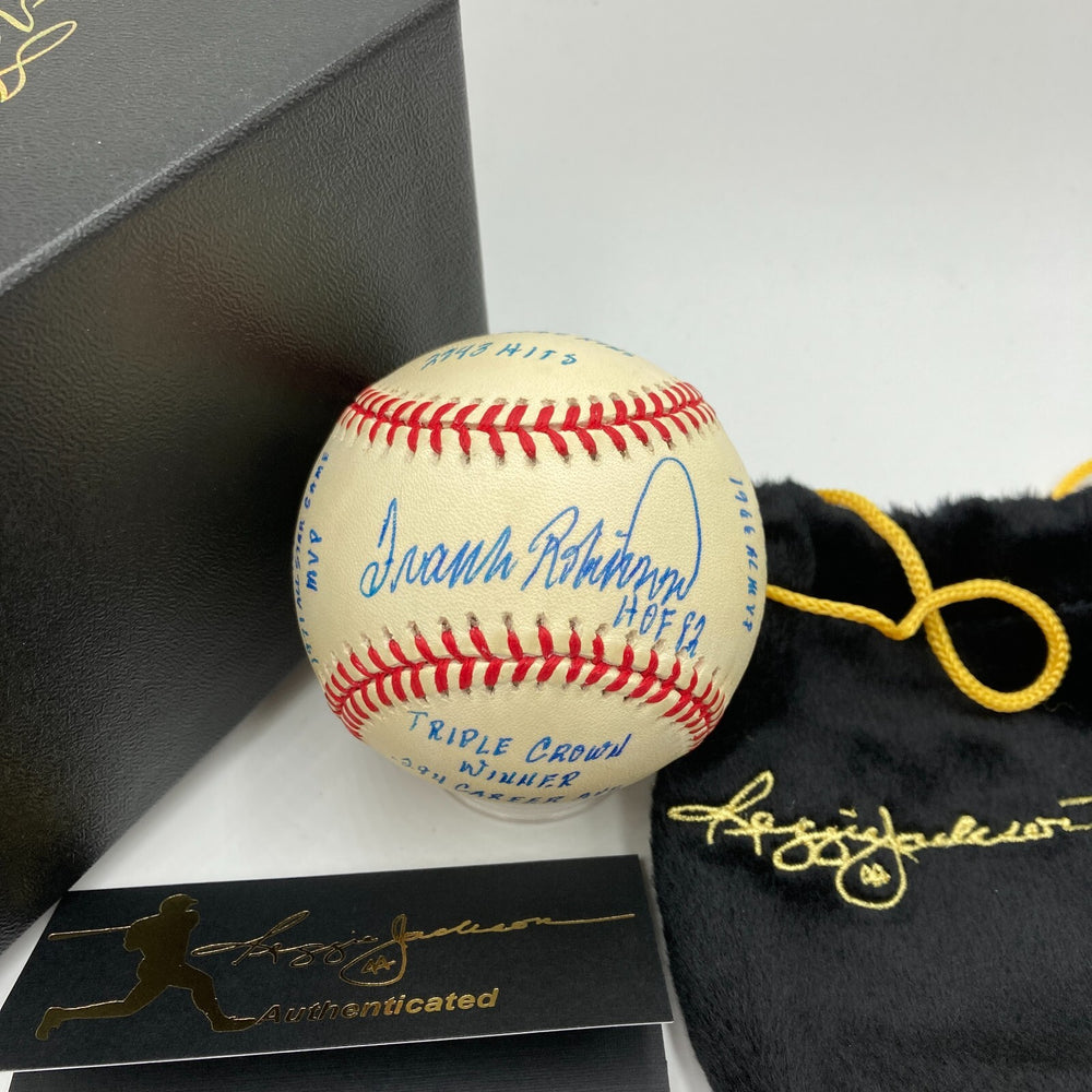 Frank Robinson Signed Heavily Inscribed Career STAT Baseball Reggie Jackson COA