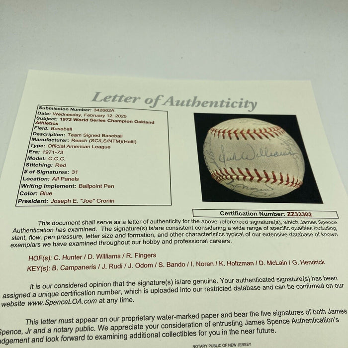 1972 Oakland A's Athletics World Series Champs Team Signed Baseball JSA COA