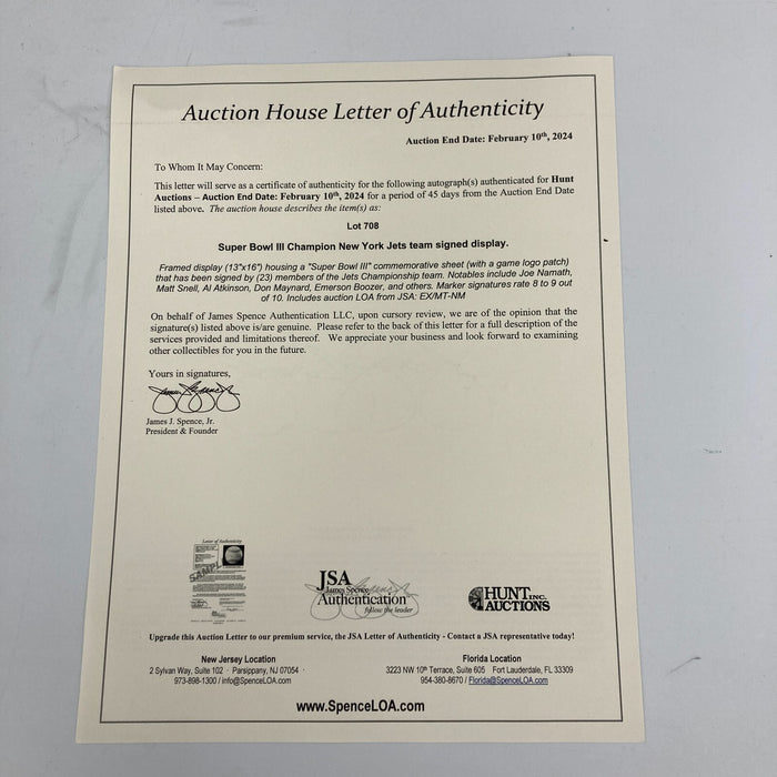 1968 New York Jets Super Bowl Champs Team Signed Commemorative Patch JSA COA